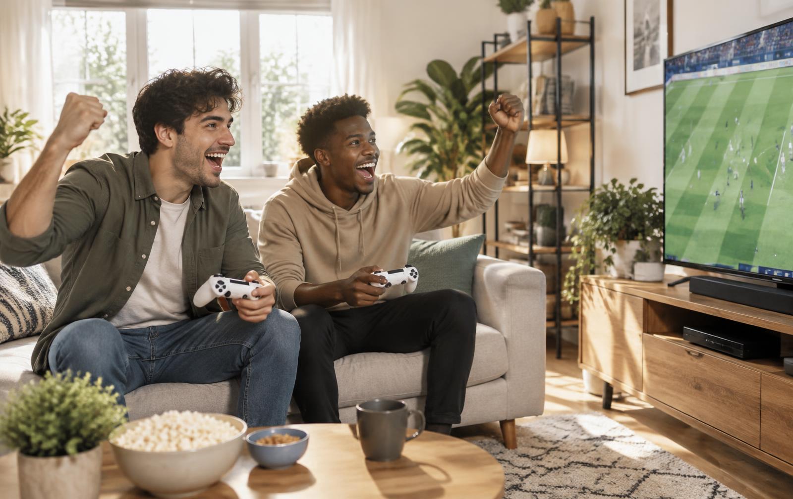 Deux amis qui jouent à un jeu de foot sur PS5